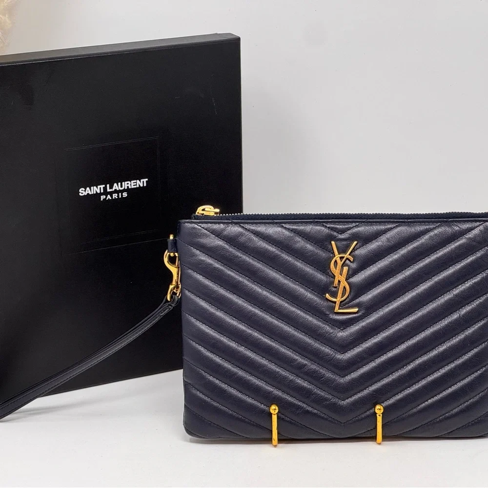 💯Authentic YSL Navy Blue Cassandra Chevron  Wristlet - Picture 3 of 12